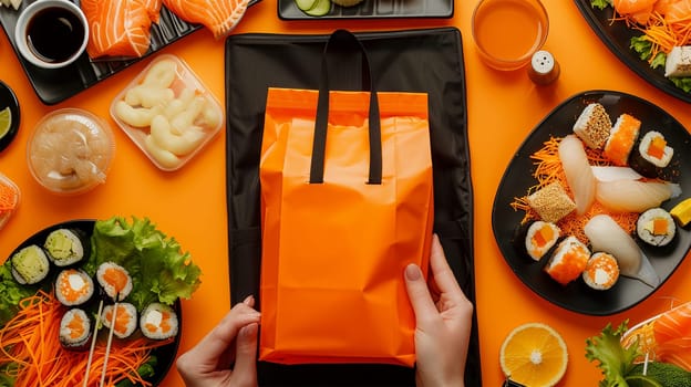 Sushi takeaway on orange table. Eating sushi for lunch break or diner, lunch meal at work, eating at work. Takeout bag Orange