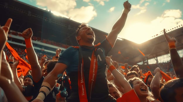 Establishing Shot of Fans Cheer for Their Team on a Stadium During Soccer Championship Match. Team Scores Goal, Crowds of Fans Scream, Celebrate Victory Win with Confetti. Football Cup Tournament.