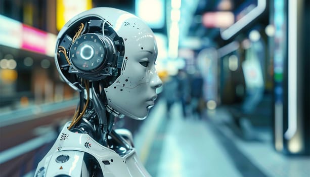 AI Artificial Intelligence Robot Head with digital graphic Brain Engine in modern city. 4k video Futuristic technology concept design cyber background