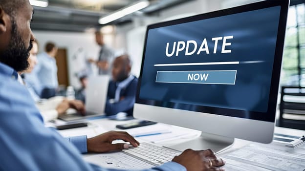 Business man updating his computer at the office. Man working and Installing update process with gearbox percentage progress and loading bar on laptop / computer screen at office