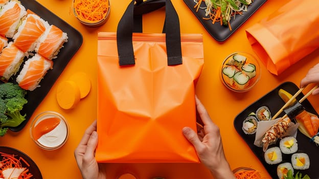 Sushi takeaway on orange table. Eating sushi for lunch break or diner, lunch meal at work, eating at work. Takeout bag Orange