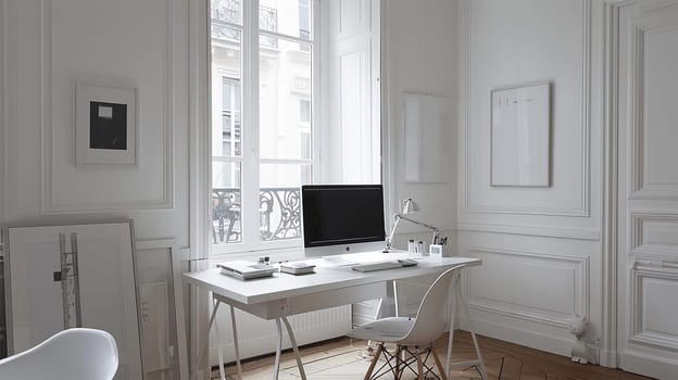 Modern computer on table in office interior. Stylish workplace. White home design. Comfortable office or workplace cozy