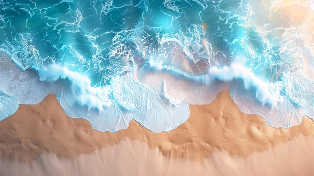 Ocean wave ariel view tropical Island. Beautiful white sandy beach with turquoise ocean water, waves in the Maldives island. Top view Holiday and travel concept design Copy space
