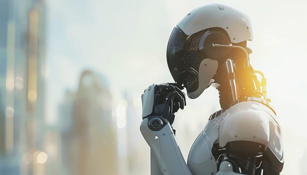 AI Artificial Intelligence Robot Head with digital graphic Brain Engine in modern city. 4k video Futuristic technology concept design cyber background