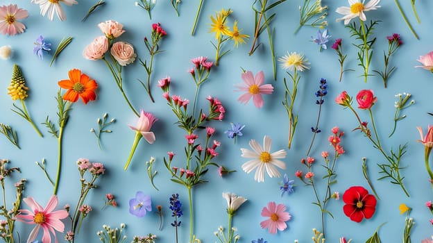 Beautiful spring nature background with lovely blossom, petal and bokeh on turquoise blue background , top view, frame. Springtime concept light blue