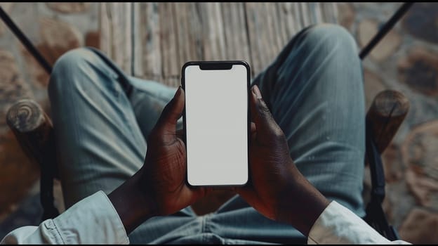 African American man holding smart phone with mockup white blank display, empty screen for app ads sitting on couch at home. Mobile applications technology concept, over shoulder close up view. top view