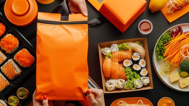 Sushi takeaway on orange table. Eating sushi for lunch break or diner, lunch meal at work, eating at work. Takeout bag Orange