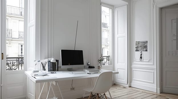 Modern computer on table in office interior. Stylish workplace. White home design. Comfortable office or workplace cozy