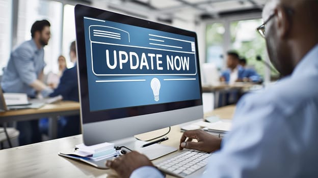 Business man updating his computer at the office. Man working and Installing update process with gearbox percentage progress and loading bar on laptop / computer screen at office