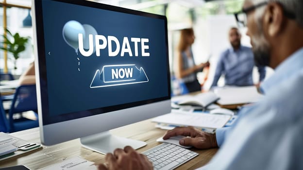 Business man updating his computer at the office. Man working and Installing update process with gearbox percentage progress and loading bar on laptop / computer screen at office