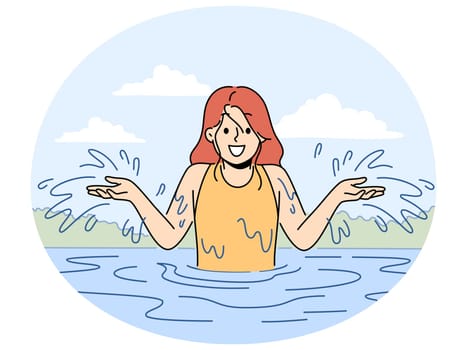 Smiling girl have fun splashing in water in summer. Happy child sailing playing in river in summertime. Childhood. Vector illustration.