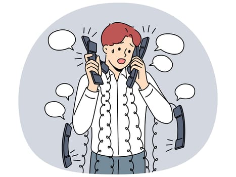 Stressed businessman with numerous headsets overwhelmed with phone calls in office. Exhausted male employee with telephones at workplace struggle with overwork. Vector illustration.