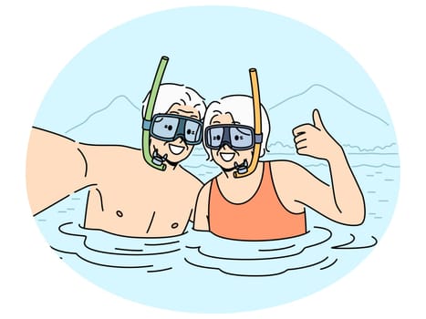 Smiling elderly couple in snorkeling masks diving in lake showing thumb up. Happy old man and woman recommend diving in sea. Active maturity. Vector illustration.