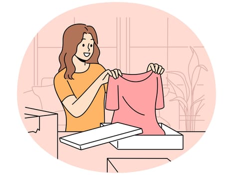 Smiling woman opening parcels with clothes shopping online from home. Excited female buyer unpack boxes with orders from internet shops. Vector illustration.