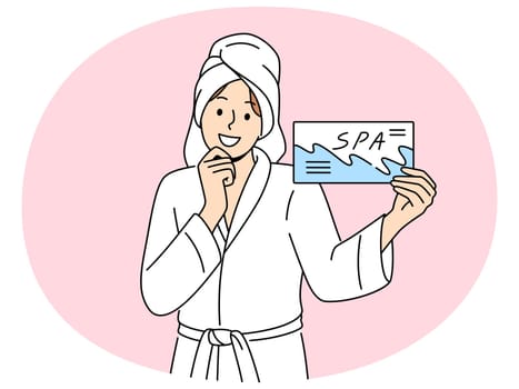 Smiling woman in bathrobe and towel on head holding spa center certificate. Happy female use beauty salon voucher for skincare procedures. Vector illustration.
