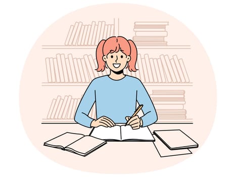Smiling smart little girl sit at desk at home handwriting in exercise book preparing for school. Happy schoolgirl do homework at table. Study and learning. Vector illustration.