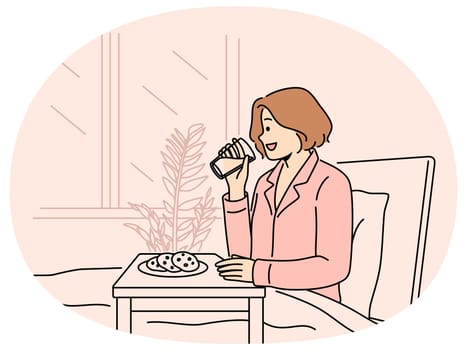 Happy woman in pajama having breakfast in bed at home. Smiling girl enjoy delicious food in hotel. Eating in bedroom. Weekend and dayoff. Vector illustration.
