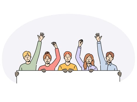 Smiling people holding mockup banner participate in demonstration or protest. Happy men and women with empty placard take part in rally. Volunteer and activist. Vector illustration.