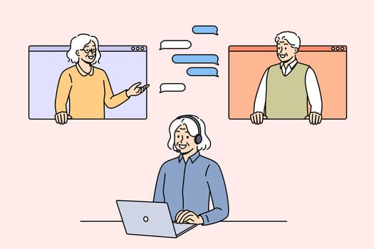 Elderly people participate in online negotiations through virtual chat, using laptop or looking out computer windows. Woman online support specialist responds to customers via text and audio messages