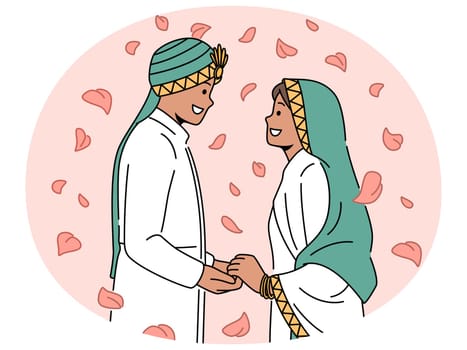 Smiling Arabic man and woman in traditional wedding costumes enjoy marriage ceremony. Happy bride and groom during cultural ethnic celebration. Vector illustration.