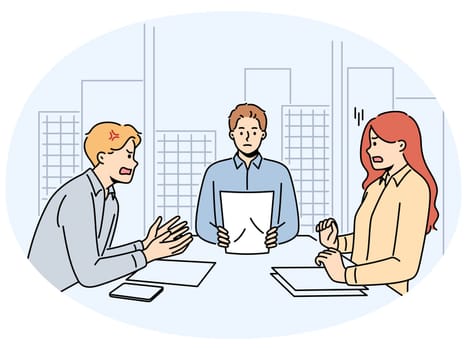 Angry couple sit at table in lawyer office arguing and shouting. Man and woman fight at meeting at notary workplace. Divorce and relationships. Vector illustration.