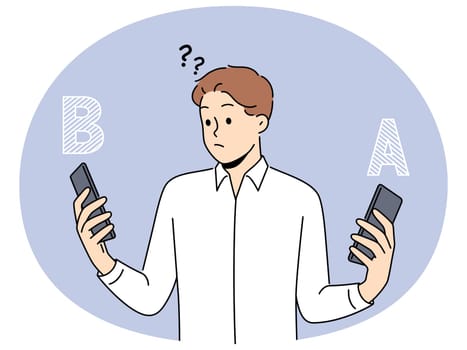 Confused man choose between different cellphones models. Frustrated male compare smartphone a and b. Technology and device comparison. Vector illustration.