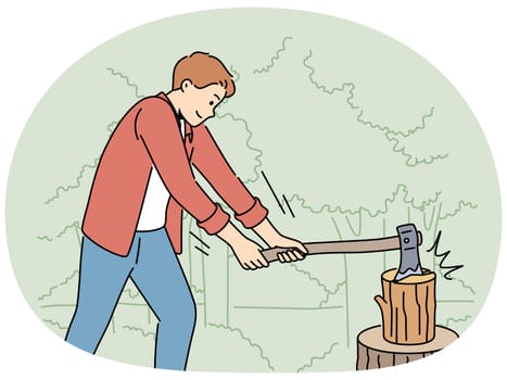 Strong man cutting wood with axe in forest. Guy splitting wood logs in nature. Camping and woodcutting. Vector illustration.