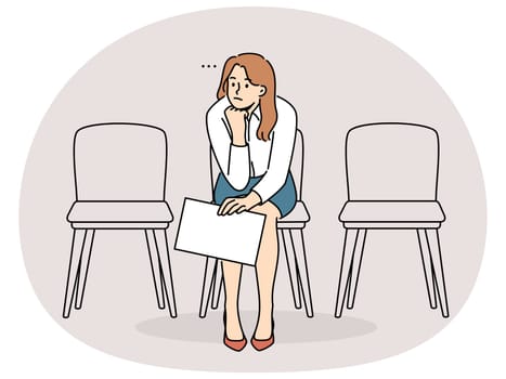 Bored businesswoman with document in hands sitting on chair in hallway waiting. Unhappy tired female employee with paperwork expect in hall. Vector illustration.
