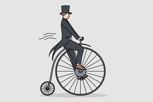 Man in tailcoat rides vintage penny farthing bicycle, imagining time travel to last century. Guy uses fancy bicycle while performing on circus stage to surprise audience who came to show.