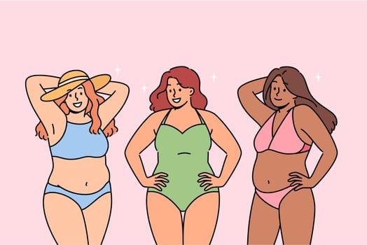 Body-positive women in swimsuits smile and call to abandon stereotypical opinions and body shaming. Attractive girls visiting sunny beach are preparing to sunbathe and swim in sea or ocean