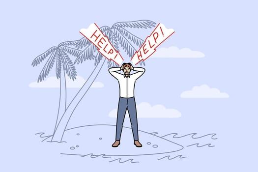 Business man shouts help standing on desert island, as metaphor for dismissal or bankruptcy. Panicking guy needs help to start over after startup collapses and financial recession.