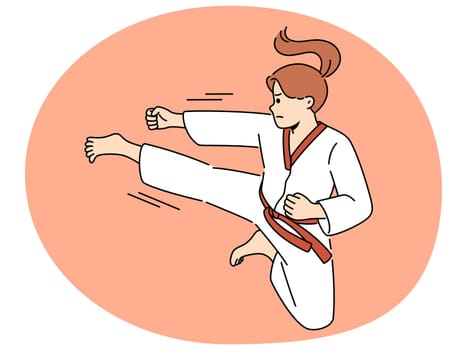 Woman in kimono exercising karate on ring. Strong powerful girl in special uniform practice martial arts. Sport and hobby. Vector illustration.