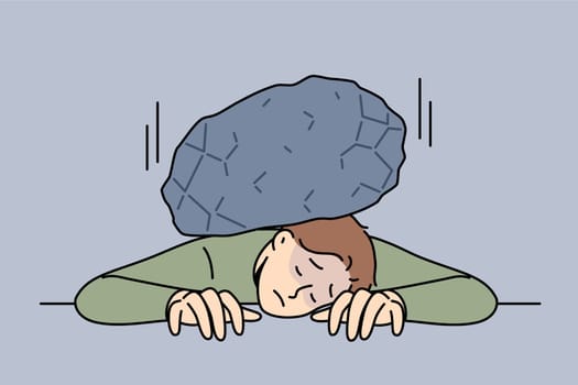 Huge load of stone lies on man back, putting pressure on tired clerk in need of help. Guy suffers from overload due to overwork and strict deadlines imposed by customer who wants to make more profit