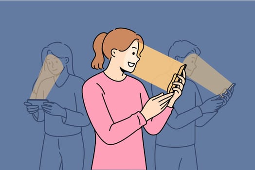 Massive digital addiction among people looking at phones, not paying attention to passers-by. Positive man and women use mobile phones and smartphones enjoying visiting social networks