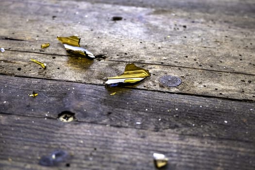 Detail of broken glass thrown in the trash, crime