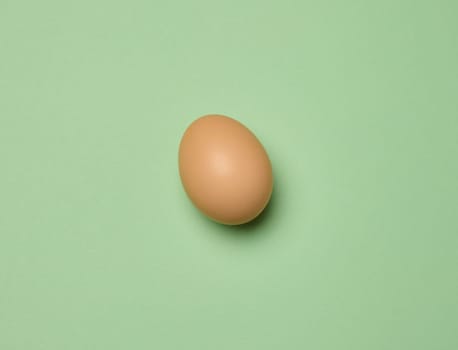Raw brown egg on green background, top view