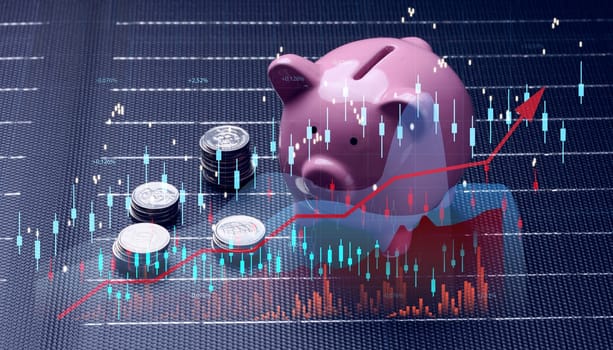 A stack of coins and a ceramic piggy bank stands on a solar panel, a graph showing savings when using renewable electricity
