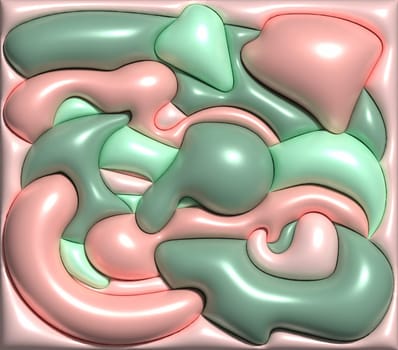 Various green and pink shiny figures on a pink background, 3D rendering illustration