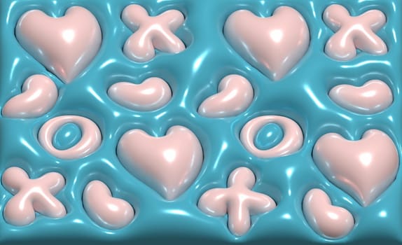 Blue shiny background with various volumetric shapes, 3D rendering illustration