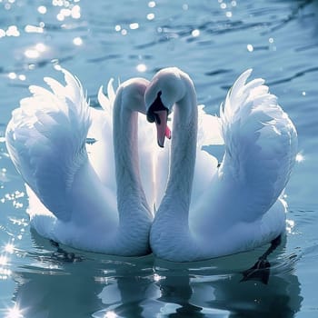 Two elegant swans in a tender, loving pose on tranquil water a serene and graceful wildlife moment