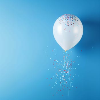 A white balloon with red and blue confetti floats against a blue background