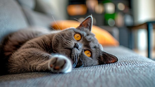 A British shorthair cat laying on the sofa. Close-up view. AI generated