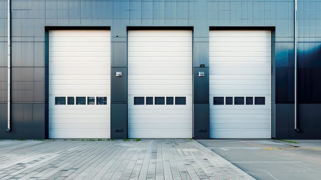 Industrial or commercial building exterior. Safety and protection with roller door or overhead door. AI generated