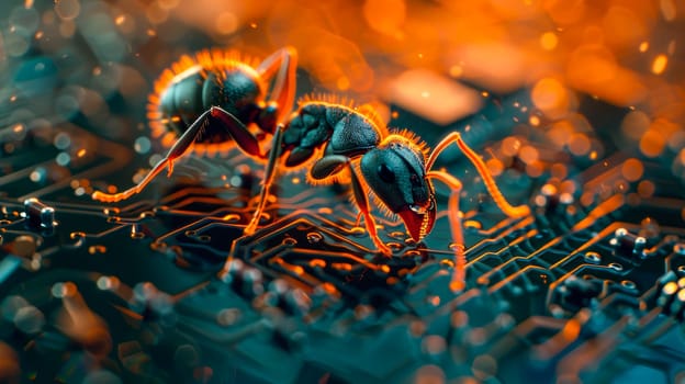Close-up of an ant crawling on a electronic circuit board, highlighting the interconnectedness of technology and nature. AI generated