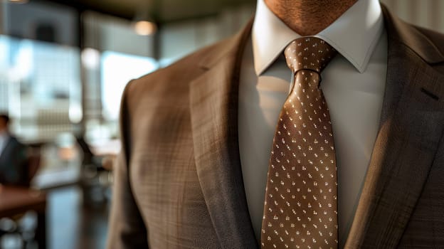 Closeup of torso of confident businessman wearing elegant suit and tie. AI generated