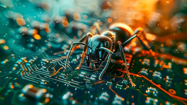 Close-up of an ant crawling on a computer circuit board, highlighting the interconnectedness of technology and nature. AI generated