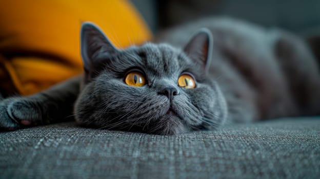 A British shorthair cat laying on the sofa. Close-up view. AI generated