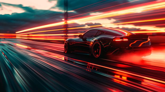 Speeding black car, driving on the highway at night. AI generated