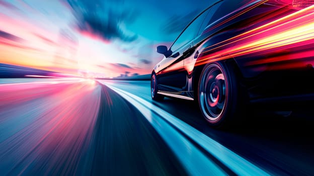 Close-up view of speeding black car, driving on the highway at night. AI generated