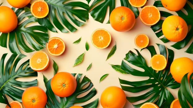 Composition with fresh orange fruits, tropical palm and monstera leaves on a table background. Top view. AI generated